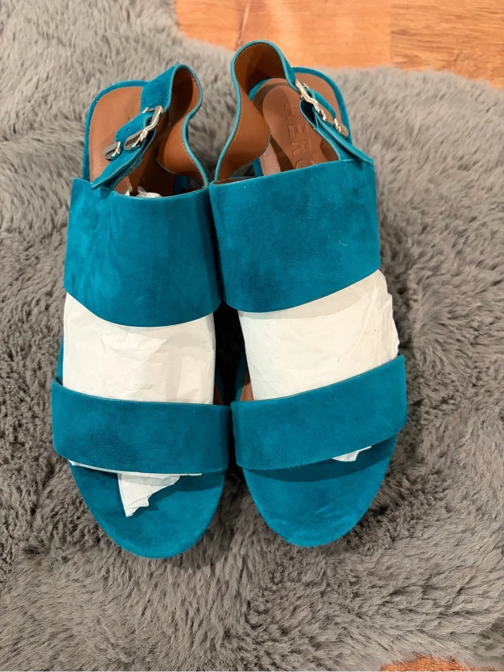 AEROSOLES Teal Suede Platform Block Heel Sandals - Picture 2 of 4